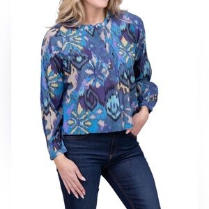 Anthropologie Love the Label Levina Top Button Up Abstract Artsy Boho Pin Tuck